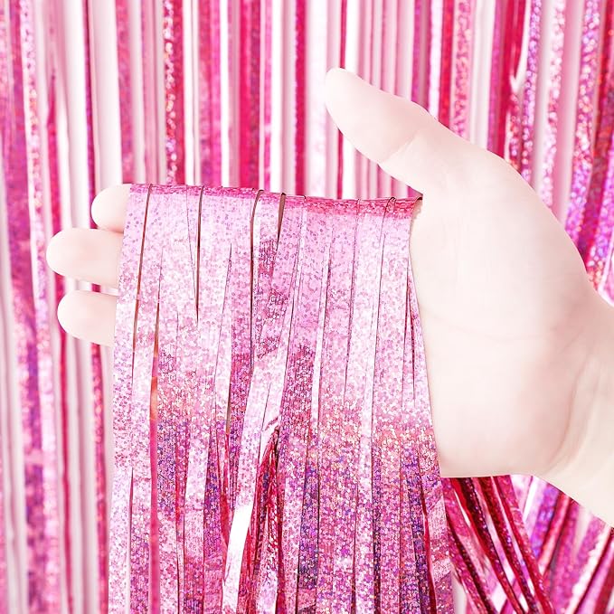 4 Pack 3.3x8.2 Feet Laser Pink Foil Fringe Backdrop Curtains, Tinsel Streamers Birthday Party Decorations, Fringe Backdrop for Graduation, Baby Shower, Gender Reveal, Disco Party
