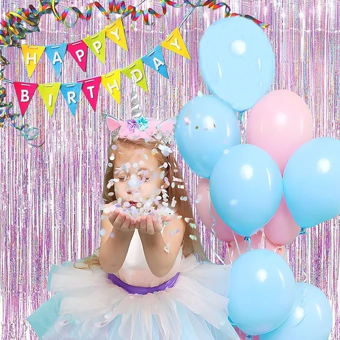 BRAVESHINE Pink Streamers Tinsel Foil Fringe Curtains - 2Pcs 3.2x8.2ft Metallic Photo Booths Backdrop for Girl/Princess/Birthday/Bridal Shower/Engagement/Bachelorette/Boo/Halloween Party Decorations