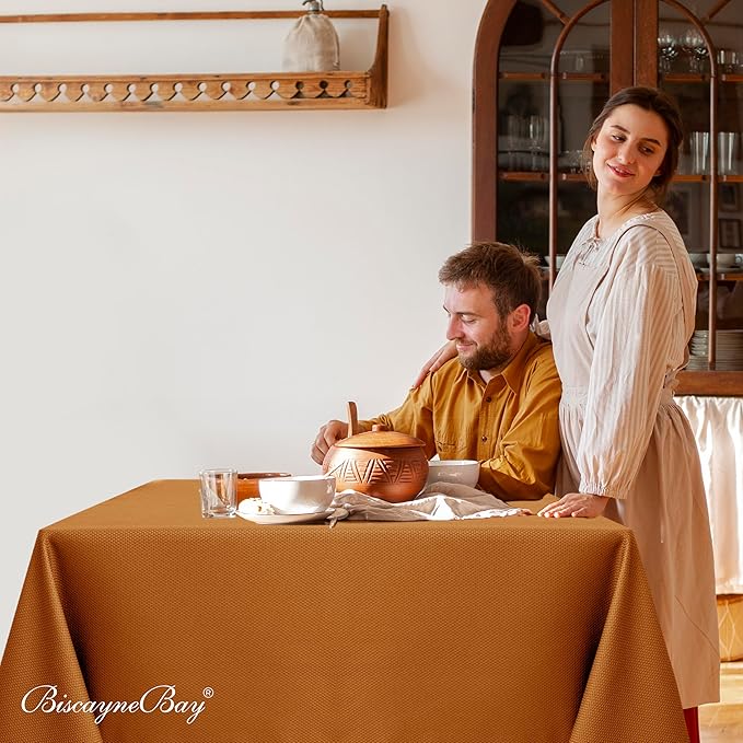 Biscaynebay Fall Tablecloth Textured Fabric Square Tablecloths 54x54 Inch, Bronze Thanksgiving Autumn Harvest Water Resistant Fabric Tablecloths for Kitchen, Dining, Wedding, Parties Machine Washable