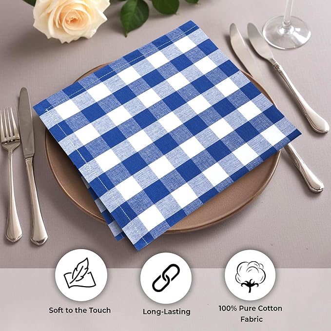 Cloth Dinner Napkins, 100% Cotton Checkered Blue and White, 20x20 Inch