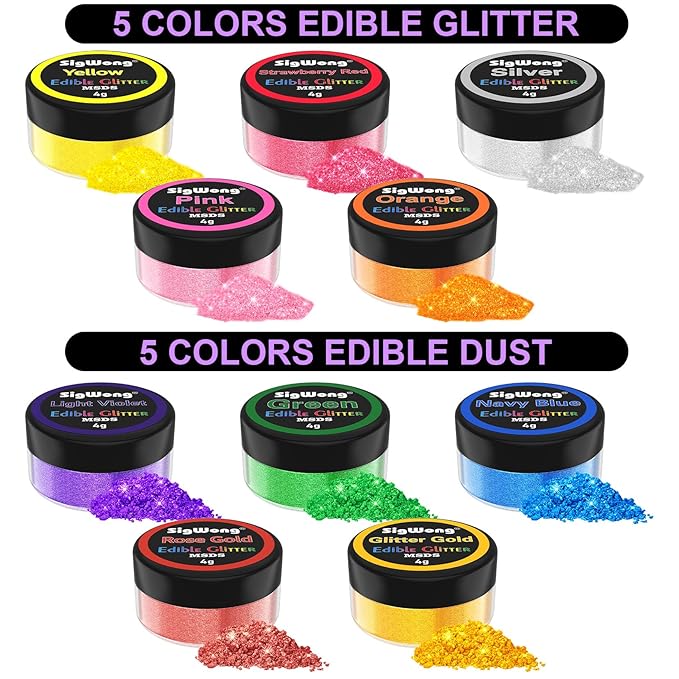 Edible Glitter Powder, 10 Colors, 4 g, Vegan Shimmer for Drinks and Desserts