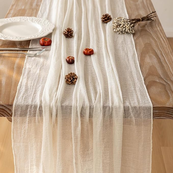 Cheesecloth Table Runner Ivory Cream White Gauze Rustic Cheese Cloth Spring Table Runner 120 Inch 10 FT for Wedding Baby Bridal Shower Party Long Sheer Boho Home Decorations