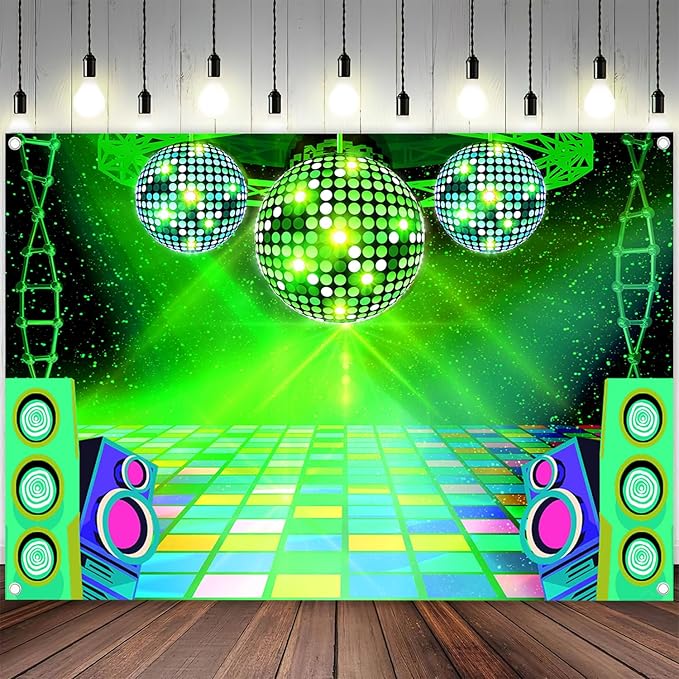 Dance Party Backdrop Retro 80s 90s Theme Stage Dance Ball Music Birthday Party Decoration DJ Photography Background 5 x 3 ft for Baby Shower Picture Photo Shoot Polyester Fabric, Green