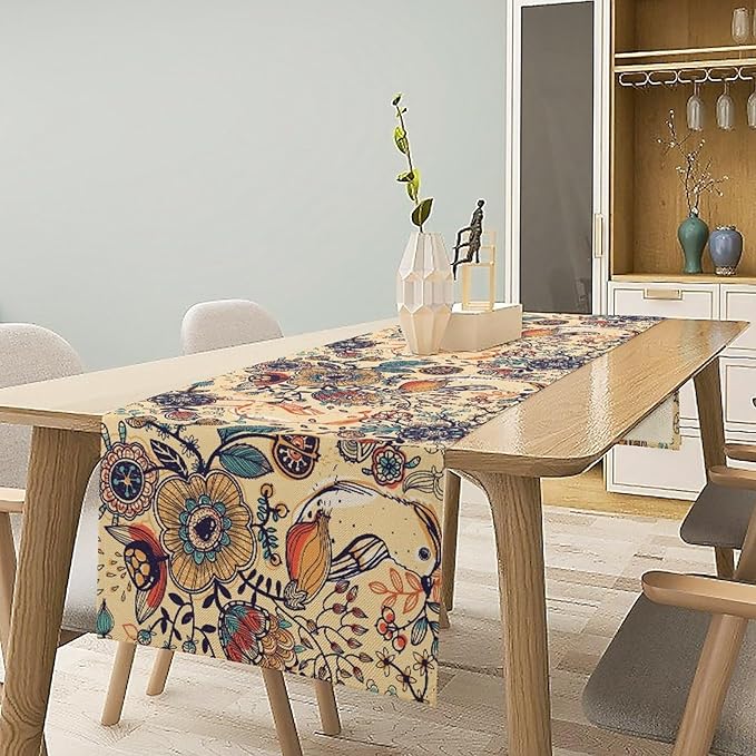 Vintage Paisley Table Runner, Boho Beige Paisley Flower Leaves Print Table Runner for Home Party Patio Indoor Outdoor, 13x120inch