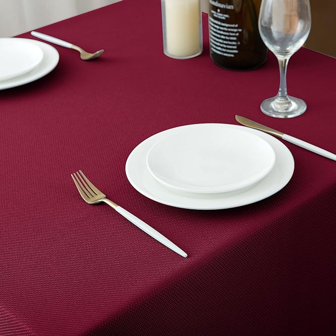Biscaynebay Textured Fabric Christmas Rectangle Table Cloth 70x120 Inch, Burgundy Water Resistant Tablecloths for Dining, Kitchen, Wedding, Parties etc. Machine Washable