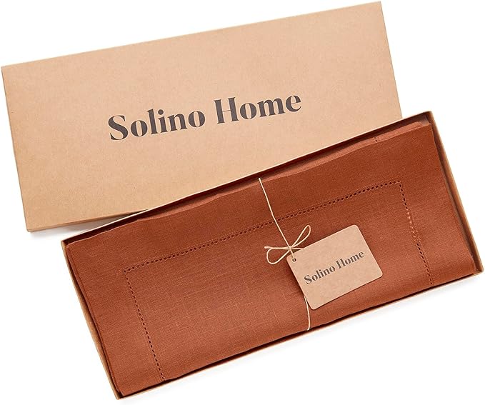 Solino Home Linen Cinnamon Table Runner 144 Inches Long - 100% Pure Linen Extra Long Table Runner 14 x 144 Inch - Classic Hemstitch - Fall, Autumn, Halloween, Thanksgiving