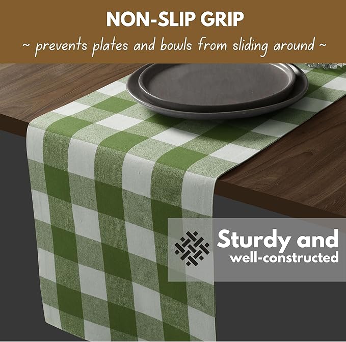 Native Fab Table Runner Buffalo Check Plaid 100% Cotton - 13x90 Inches Kitchen Dining Table Decoration for Indoor Outdoor Farmhouse Home Party Decor - Mint Green and White