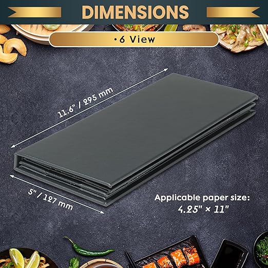 2 Pack 6 View Menu Holder Menu Covers 4.25" x 11" | Black Leather Menu Sleeves Book Style for Restaurant Coffee Bars Wine List