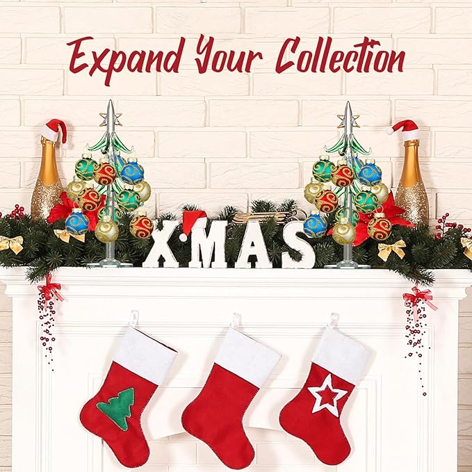 Glass Christmas Tree with 12 Ornament Glitter Balls Tabletop Wine Glass Charms Miniature Christmas Tree Gift for Xmas Holiday Party Novelty Season Home Decor, 7.7 Inch