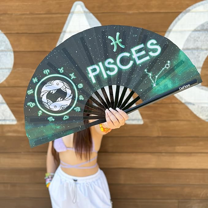 DeFlare | Cosmic Zodiac Rave Fan | Zodiac Sign Hand Fan | Astrology Rave Fan | Hand Fan | Large Rave Fan | Large Clacking Fan