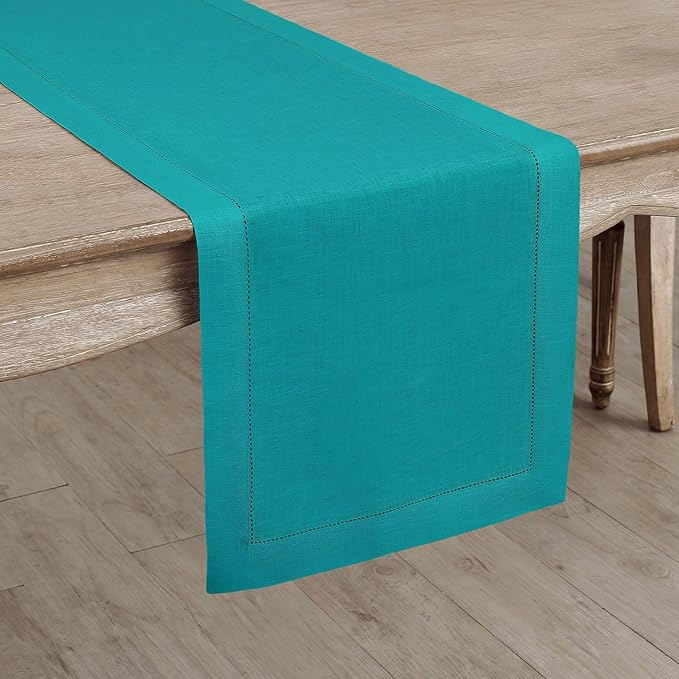 Solino Home Linen Teal Table Runner 156 Inches Long - 100% Pure Linen Extra Long Table Runner 14 x 156 Inch for Fall, Autumn - Classic Hemstitch