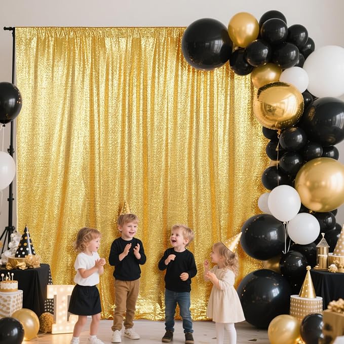 SquarePie Sequin Backdrop Curtain Less See Through Thick Glitter Background for Party 8FT x 10FT Gold
