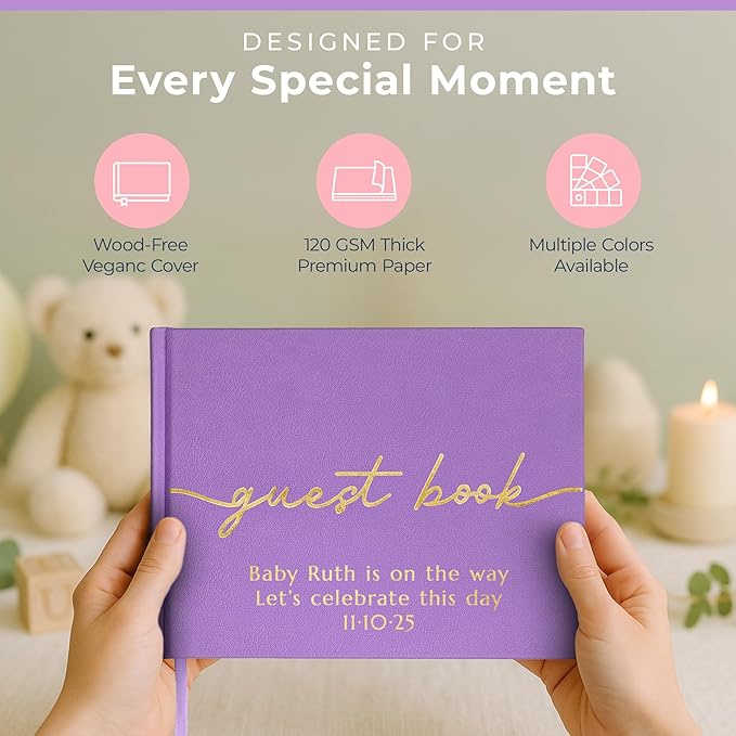 Guest Book for Party, Lavender Purple with Vegan Leather Cover, 110 Lined Pages