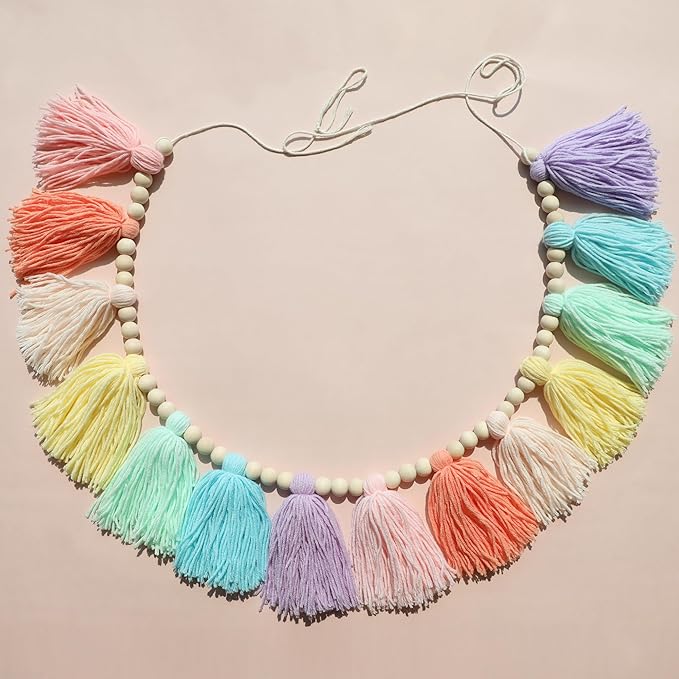 Tassel Garland Pastel Macaron Boho Wall Decor with Wood Beads