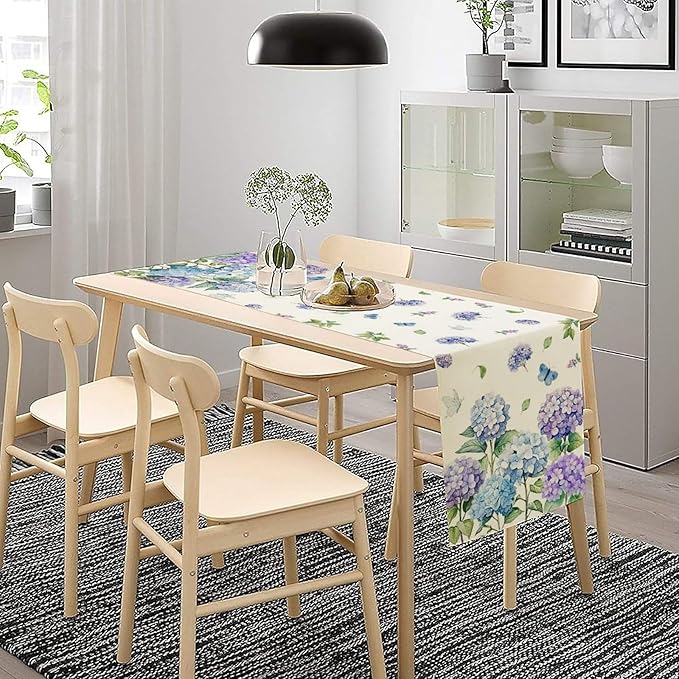 Spring Hydrangea Flower Table Runner, Seasonal Summer Plants Watercolor Florals Butterfly Dinner Runner for Home Kitchen Dining Table Party Holiday Decoration 13"x90"