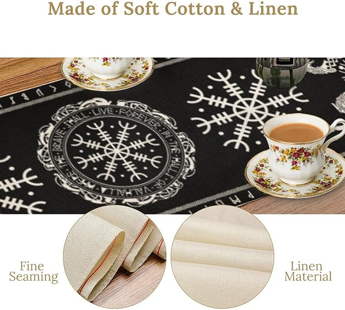 Ancient Abstract Pattern Table Runner, Tree of Life Eagle Dragon Boat Rudder Black and White Table Runner 13x36 Inch