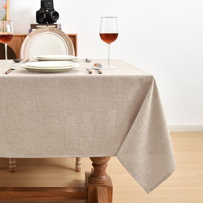 Fitable Faux Linen Beige Table Clothes Rectangle 60 x 102 Inch - 2 Pack Neutral Tablecloths for 6 Foot Tables, Faux Burlap Kitchen Table Covers for Dining, Party, Farmhouse, Banquet, Buffet