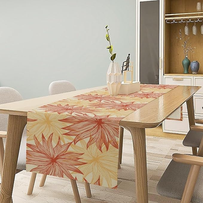 Autumn Chrysanthemum Table Runner, Vintage Modern Geometric Floral Boho Table Runner for Kitchen Dining Bedroom Living Room Table Decor for Indoor Outdoor Home Party, 13x120 Inch