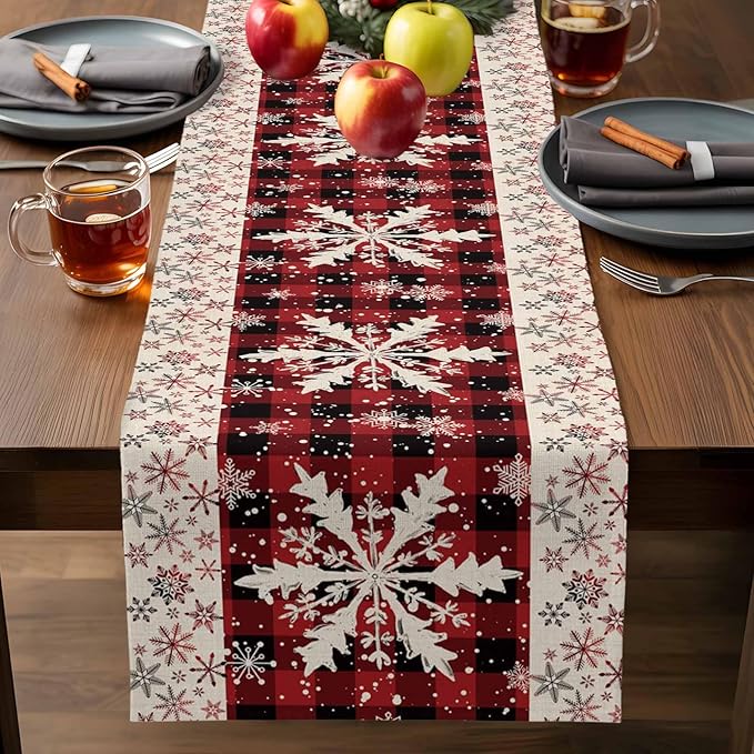 Buffalo Plaid Christmas Cotton Linen Table Runner for Dining Kitchen, Snowflake Red Black Check Wedding Outdoor Party Tablerunner Decoration, Retro Dresser Scarf Coffee Tablecloth Runners 13x36 Inches