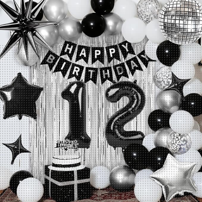 12th Birthday Decorations for Boys Girls, Black Silver Happy Birthday Party Decorations， 12 Year Old Party Supplies with Number 12 Balloons, Banner, Fringe Curtains Kit