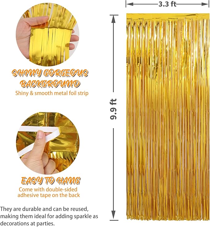 Crosize 2 Pack 3.3 x 9.9 ft Gold Foil Fringe Curtains Party Decorations, Gold Tinsel Curtain Backdrop for Parties, Door Streamers, Glitter Streamer Fringe Backdrop for Birthday Decoration