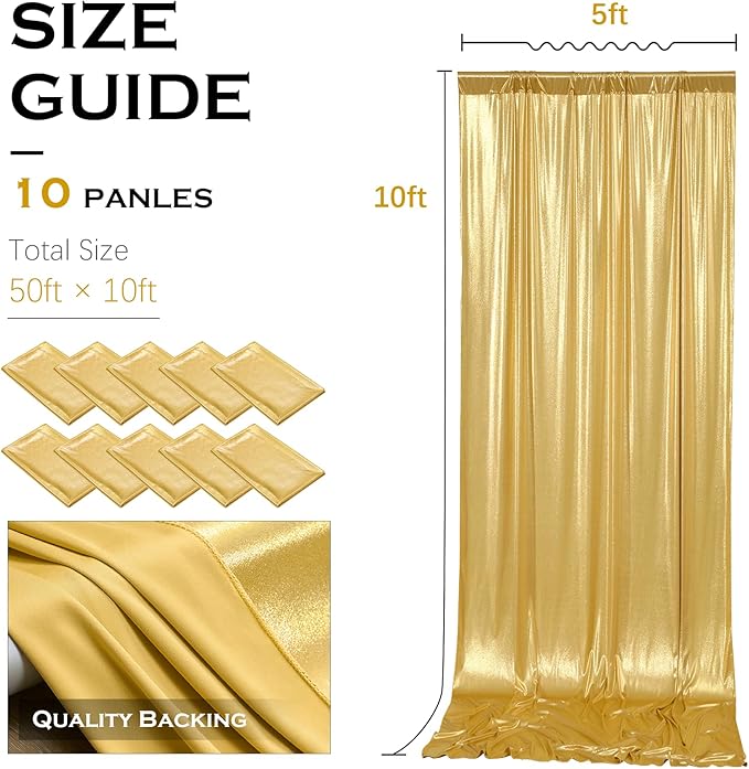 Gold Sequin Backdrop Curtain, 10 Panels, 5x10 ft Wrinkle-Free Drape