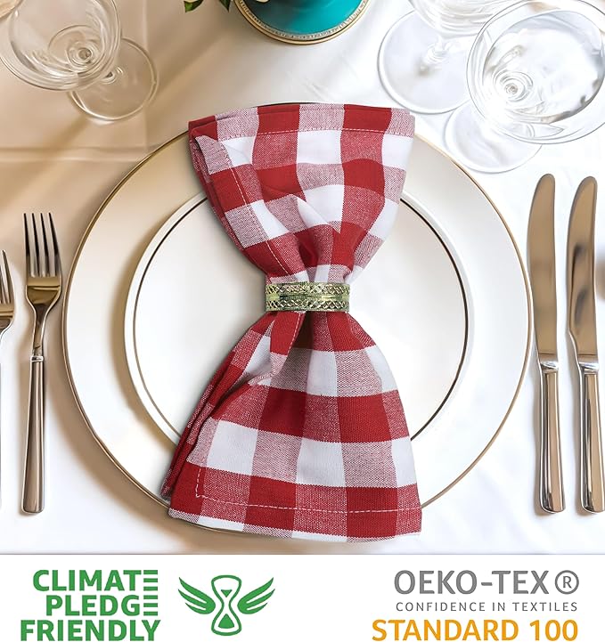 Cloth Dinner Napkins Set of 12, 100% Cotton, Red and White Checkered