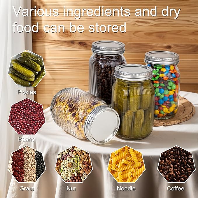 WELLIFE Large Mason Jars,4 Pcs Wide Mouth Mason Jars 32 Oz for Food Storage, Overnight Oats,Honey,Sauces,Meal Prep,Salad,Yogurt