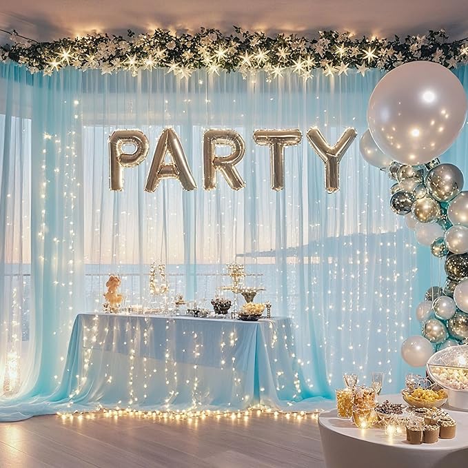 10×8ft Tulle Backdrop Curtains with Lights String - 300LED Fairy Lights Sheer Curtain Backdrop for Weddings Baby Shower and Birthday Party Decorations(8 Panels 5×8ft)