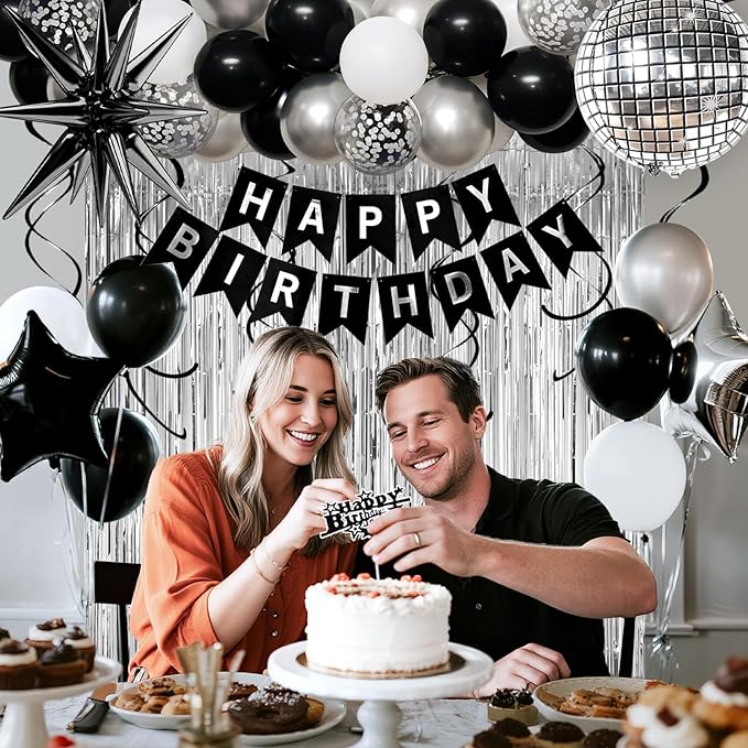 28th Birthday Decorations for Men Women, Black Silver Happy Birthday Party Decorations， 28 Year Old Party Supplies with Number 28 Balloons, Banner, Fringe Curtains Kit