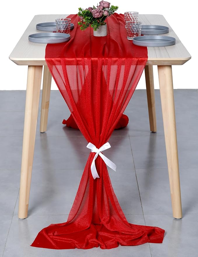MDS Halloween Chiffon Table Runner - 10 Pack, 29 x 120 Inches, 10ft Each - Sheer Spooky Table Runners for Haunted House Parties, Trick-or-Treat Tables, Witchy Décor, Wedding & Events - Red