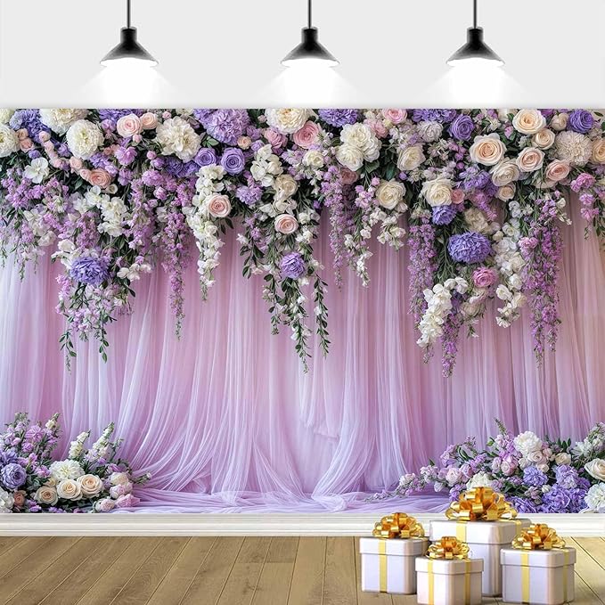 9x6ft Purple Lavender Floral Bridal Backdrop Wedding Flower Photography Backdrop for Girl Portrait Baby Shower Birthday Party Decor Banner Mother's Day Party Wall Backdrop Studio Photo Backgrounds