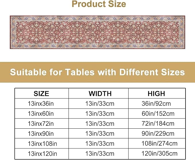 Boho Bohemia Style Table Runner, Vintage Red Blue Retro Flower Rustic Country Style Floral Print Pattern for Home Kitchen Table Decor Dining Coffee Room Garden Party Decor 13x36in