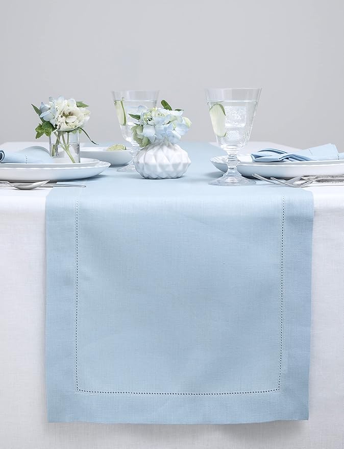 Solino Home Linen Sky Blue Table Runner 36 Inches - Classic Hemstitch, 100% Pure Linen Coffee Table Runner 14 x 36 Inch Ideal for Dresser Tables - Holiday