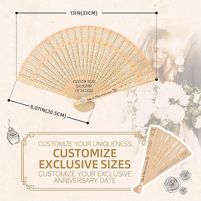 150pcs Personalized Wedding Fans for Guests - Custom Wooden Hand Fans with Names/Dates - Bulk Wedding Favors for Bridal Shower, Baby Shower & Parties (Wood, 150pcs)