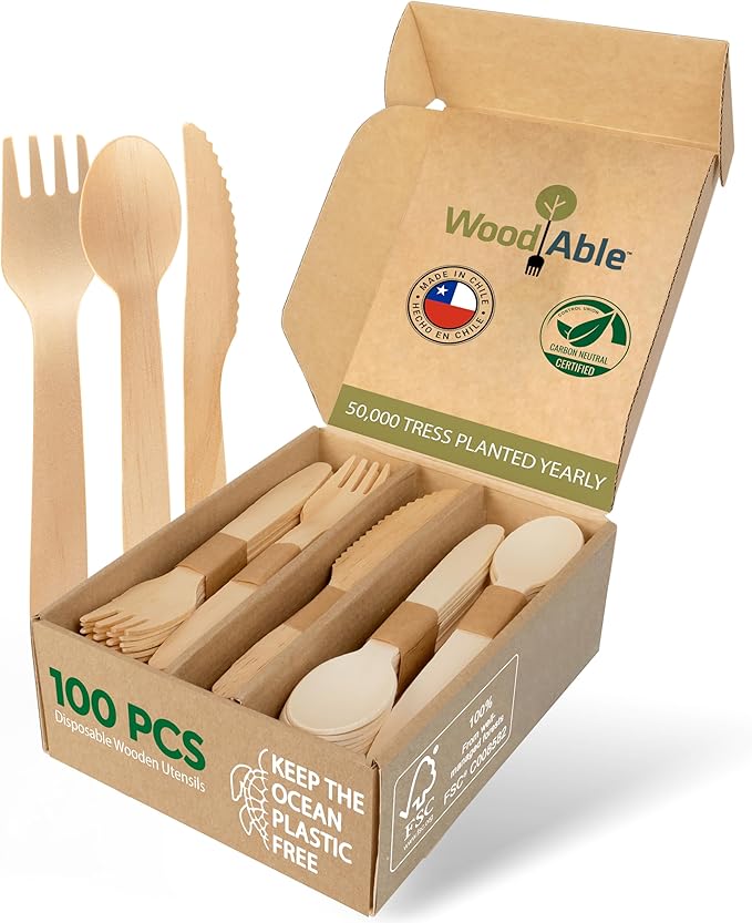 Forks, Spoons & Knives Wood Cutlery Set, 100 Count, Compostable