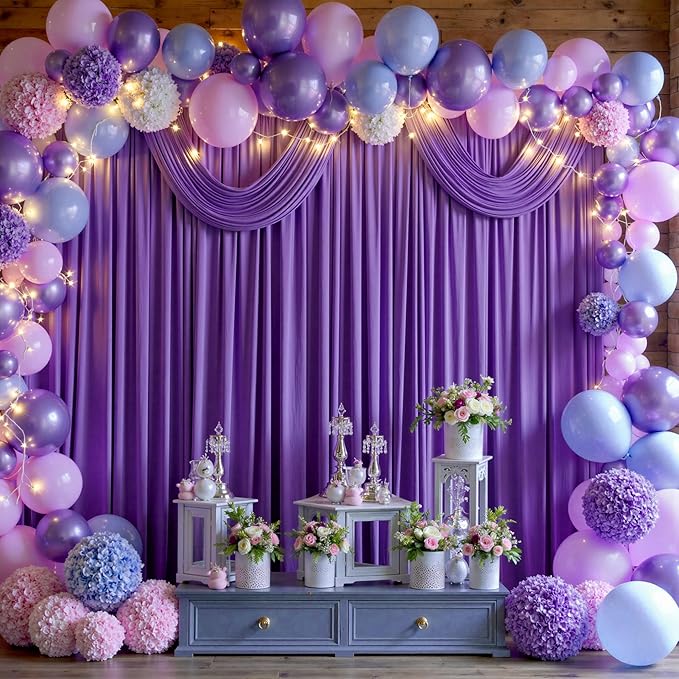 Backdrop Curtain, Purple Polyester, 8 Panels, 40 ft x 10 ft Wrinkle-Free