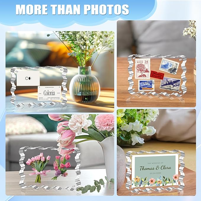 Aheroi 5x7 Acrylic Photo Frames, 3 Pack Clear Picture Sign Holder Freestanding Magnetic Scalloped Picture Frames for Desktop Display, Thickened Frameless Double Sided Acrylic Sign Holder, No Instal