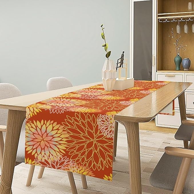 Yellow Floral Table Runner, Chrysanthemum Autumn Spring Summer Vintage Modern Linen Geometric Table Runner for Kitchen Living Room Bedroom Party Holiday, 13x70 Inch