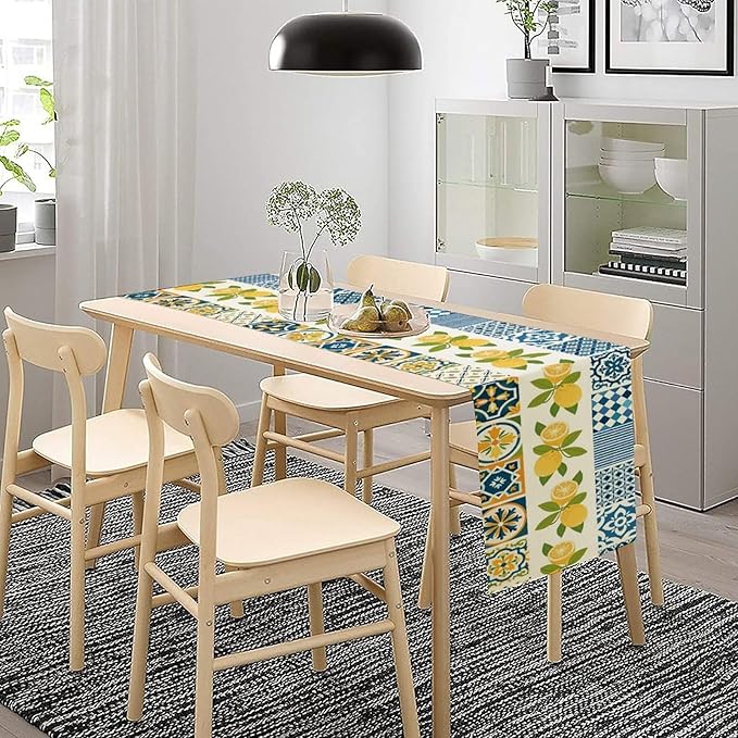 Lemon Table Runner,Watercolor Blue Fruits Green Leaves Print Table Cloth Kitchen Dining Table Home Party Decoration 13x36 Inch
