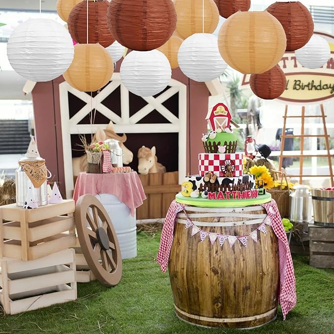 Paper Lanterns in Brown, Earthy Yellow and White, Round Foldable Party Decor