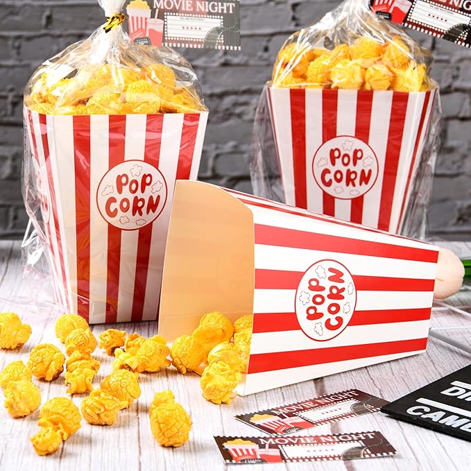 Popcorn Box Movie Night Party Favors Set of 24 with Cellophane Bags