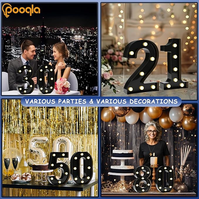 Pooqla Decorative Led Light Up Number Letters, Black Plastic Marquee Number Lights Sign for 2nd 21th Birthday Party Wedding Decor Battery Operated Black Decoration 2