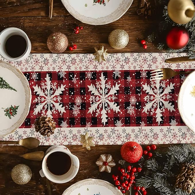 Buffalo Plaid Christmas Cotton Linen Table Runner for Dining Kitchen, Snowflake Red Black Check Wedding Outdoor Party Tablerunner Decoration, Retro Dresser Scarf Coffee Tablecloth Runners 13x36 Inches
