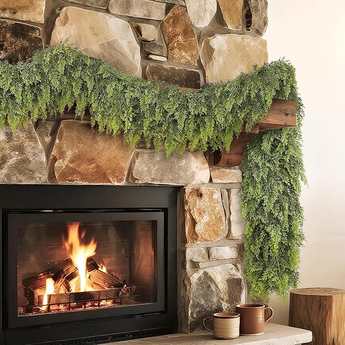 Real Touch Cedar Garland - Artificial Christmas Garlands Faux Green Cedar Fake Pine Needles Garland for Fireplace,Table, Stairs, Mantle, Window,Indoor Outdoor,Home,Holiday Decor(2 PCS,9 FT)