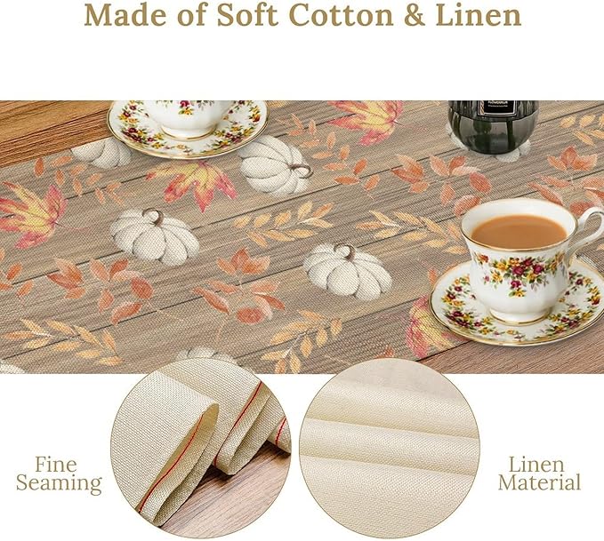 Autumn Table Runner,Pumpkins Maple Leaves Wood Fall r Seasonal Table Runner Kitchen Dining Table Decoration for Home Party Decor 13x108 Inch