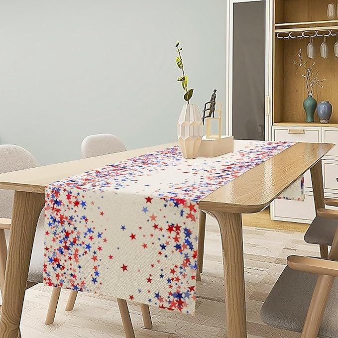 Independence Day Table Runner, 4th of July Red Blue Stars American President Day Holiday Confetti Print Table Cover for Kitchen Dining Table Indoor Outdoor Party, 13x60inch