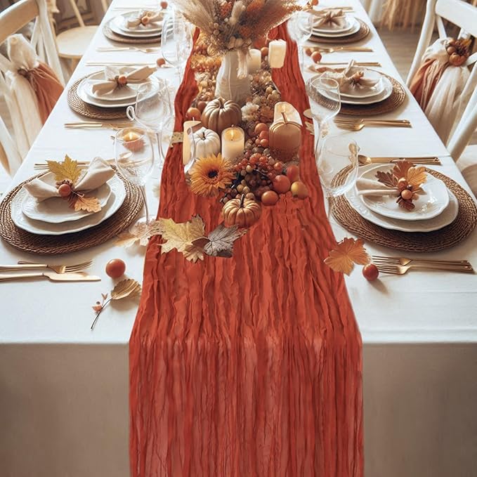 Snowkingdom 6PCS 13Ft Terracotta Cheesecloth Table Runner Bulk, 160inch Long Rust Cheese Cloth Boho Gauze Runner for Wedding Bridal Shower Rustic Sheer Fall Thanksgiving Table Decorations