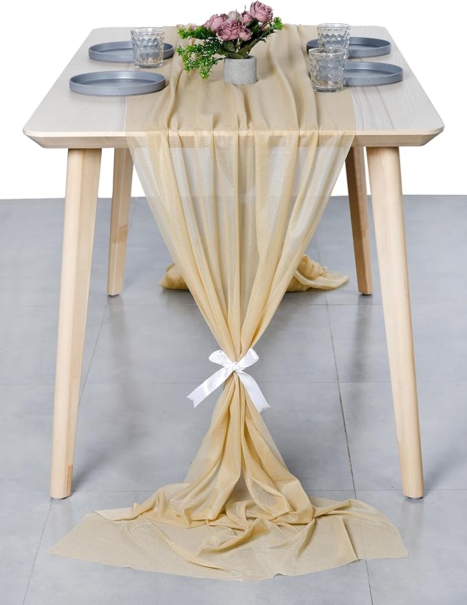 MDS Halloween Chiffon Table Runner - 10 Pack, 29 x 170 Inches, 14ft Each - Sheer Spooky Table Runners for Haunted House Parties, Trick-or-Treat Tables, Witchy Décor, Wedding & Events - Champagne Gold