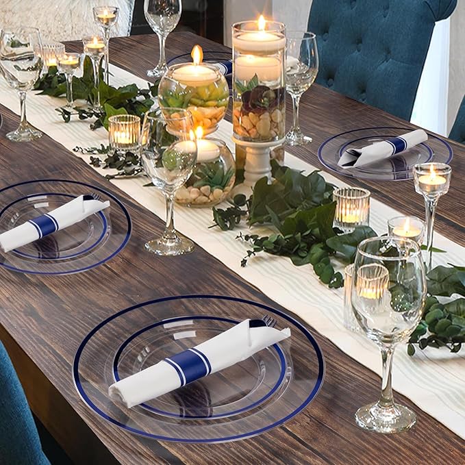 Plates Set for 100 Guests, 700 Pieces, Dark Blue Plastic with Trim